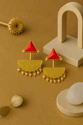 HERITAGE RED & GOLD DOME EARRINGS WITH PEARL  DROPS
